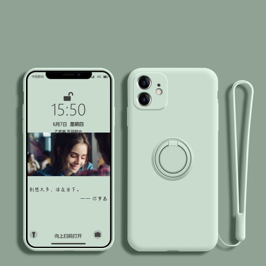 LOVECOM Ring Holder Hand Strap Phone Case For iPhone 13 12 11 Pro Max XR XS Max 7 8 Plus X Soft Liquid Silicon Plain Back Cover