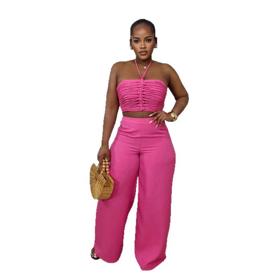 Drawstring Tie-up Top High Waist Side Zipper Loose Long Pants Two-piece Set
