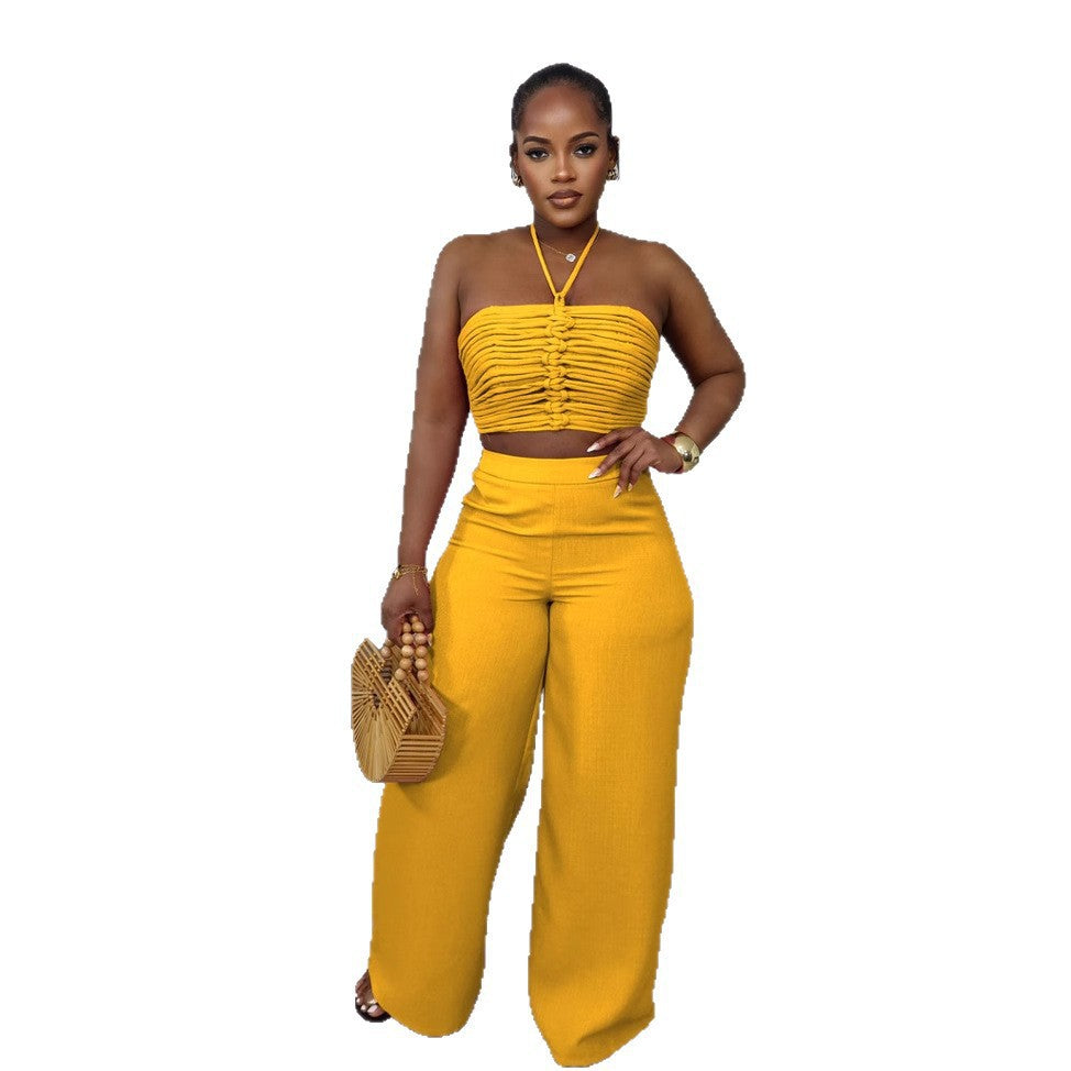 Drawstring Tie-up Top High Waist Side Zipper Loose Long Pants Two-piece Set