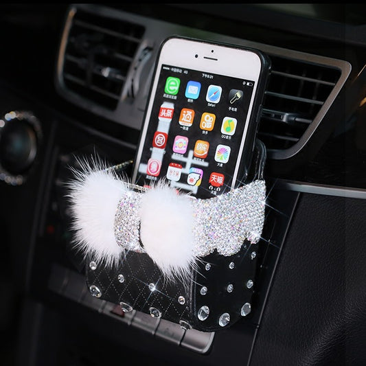 Leather Portable Car Storage Box Crystal Rhinestones Auto Outlet Air Vent Cosmetics Case Universal Mobile Phone Bag Pouch Bucket