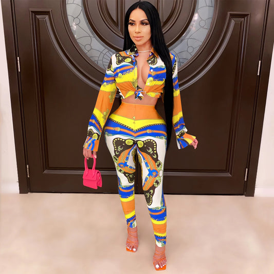 Digital Print Fitted Business Casual Long Sleeve Women's Set