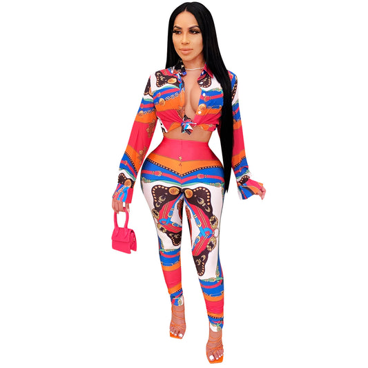 Digital Print Fitted Business Casual Long Sleeve Women's Set
