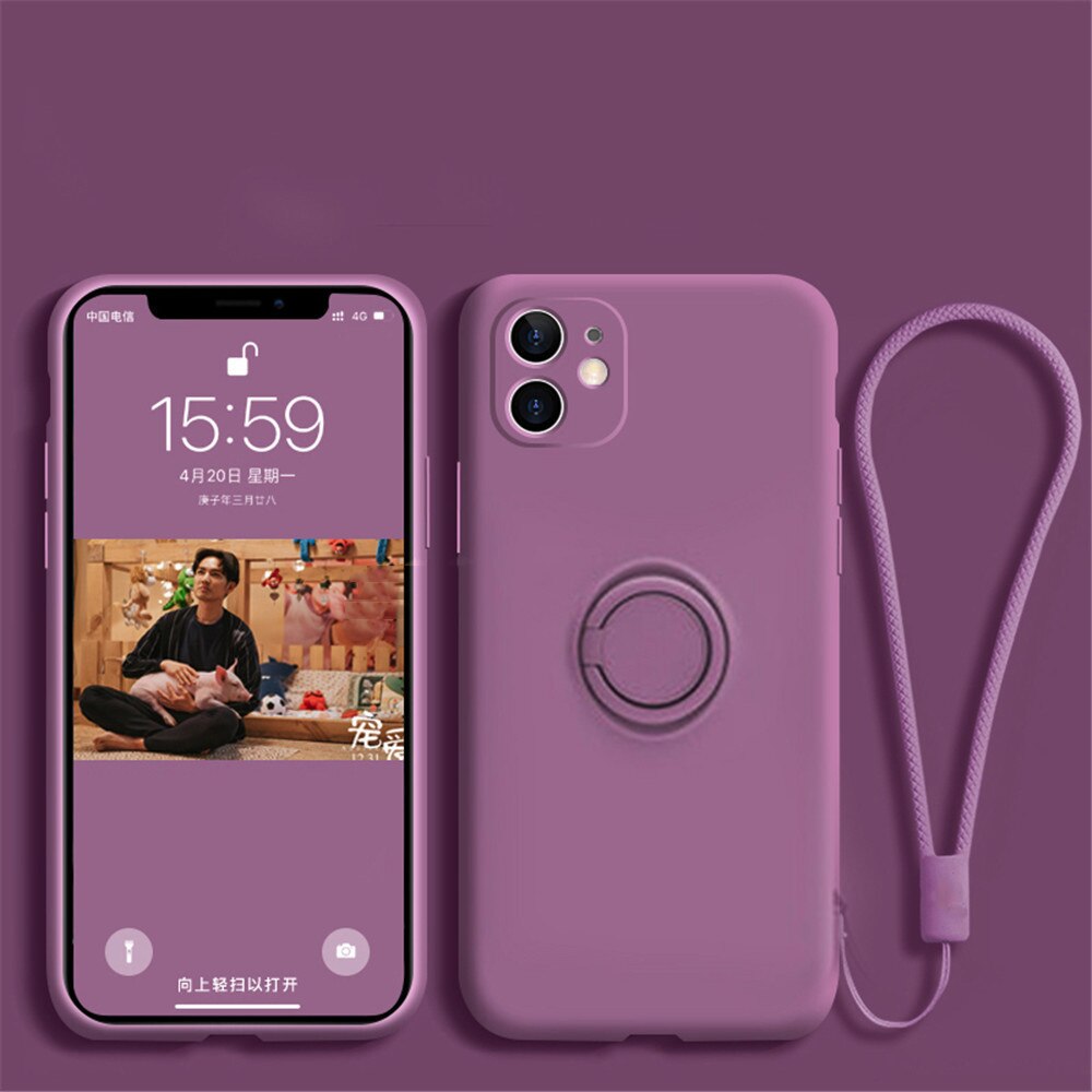 LOVECOM Ring Holder Hand Strap Phone Case For iPhone 13 12 11 Pro Max XR XS Max 7 8 Plus X Soft Liquid Silicon Plain Back Cover