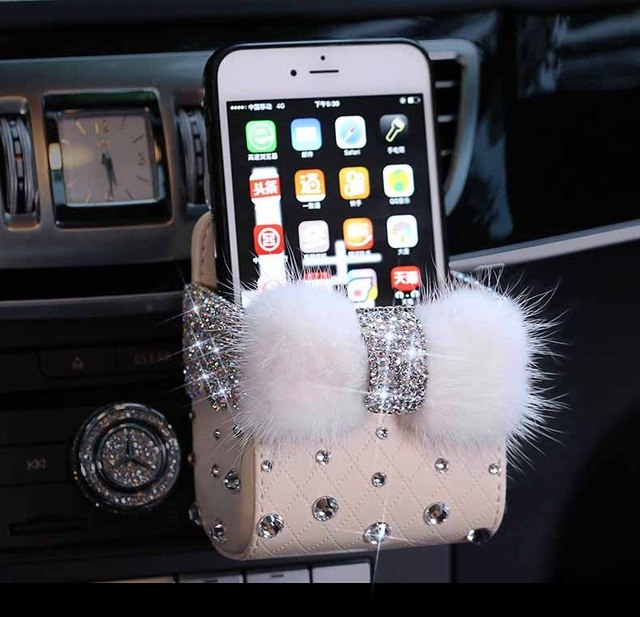 Leather Portable Car Storage Box Crystal Rhinestones Auto Outlet Air Vent Cosmetics Case Universal Mobile Phone Bag Pouch Bucket