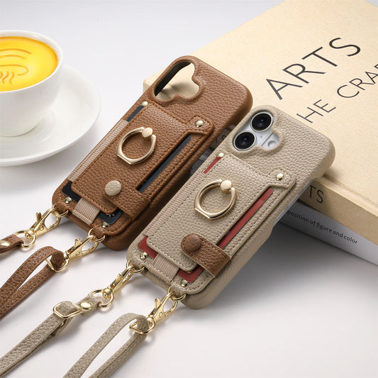 Suitable for iPhone 17 Pro phone case diagonal long hanging rope Air leather card insertion Apple 16 Promax protective cover