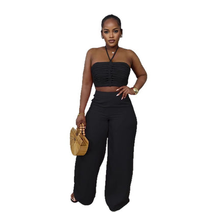 Drawstring Tie-up Top High Waist Side Zipper Loose Long Pants Two-piece Set