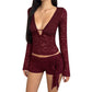 Sexy lace V-neck long sleeved hollow out spicy girl versatile t-shirt