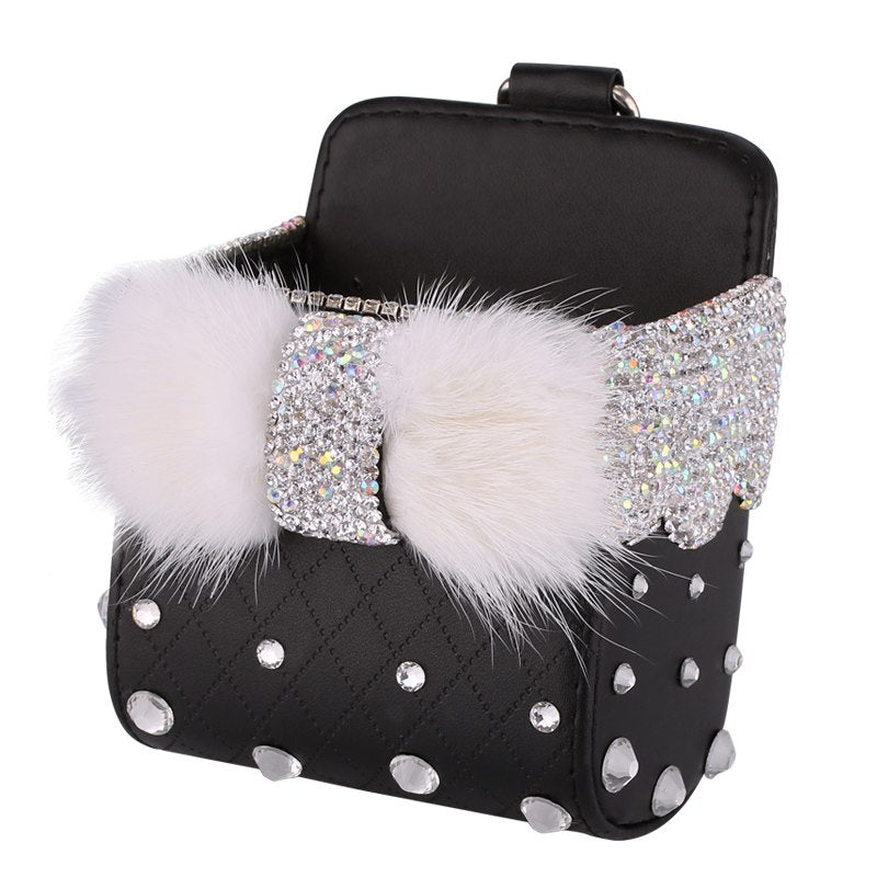 Leather Portable Car Storage Box Crystal Rhinestones Auto Outlet Air Vent Cosmetics Case Universal Mobile Phone Bag Pouch Bucket