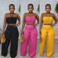 Drawstring Tie-up Top High Waist Side Zipper Loose Long Pants Two-piece Set