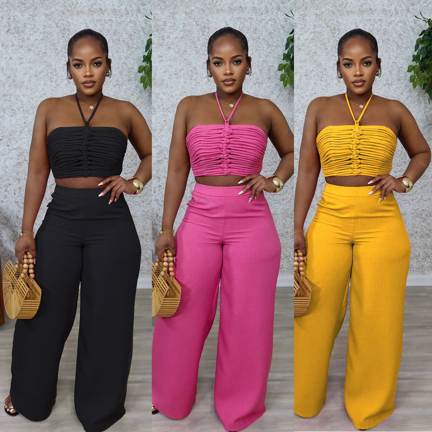 Drawstring Tie-up Top High Waist Side Zipper Loose Long Pants Two-piece Set