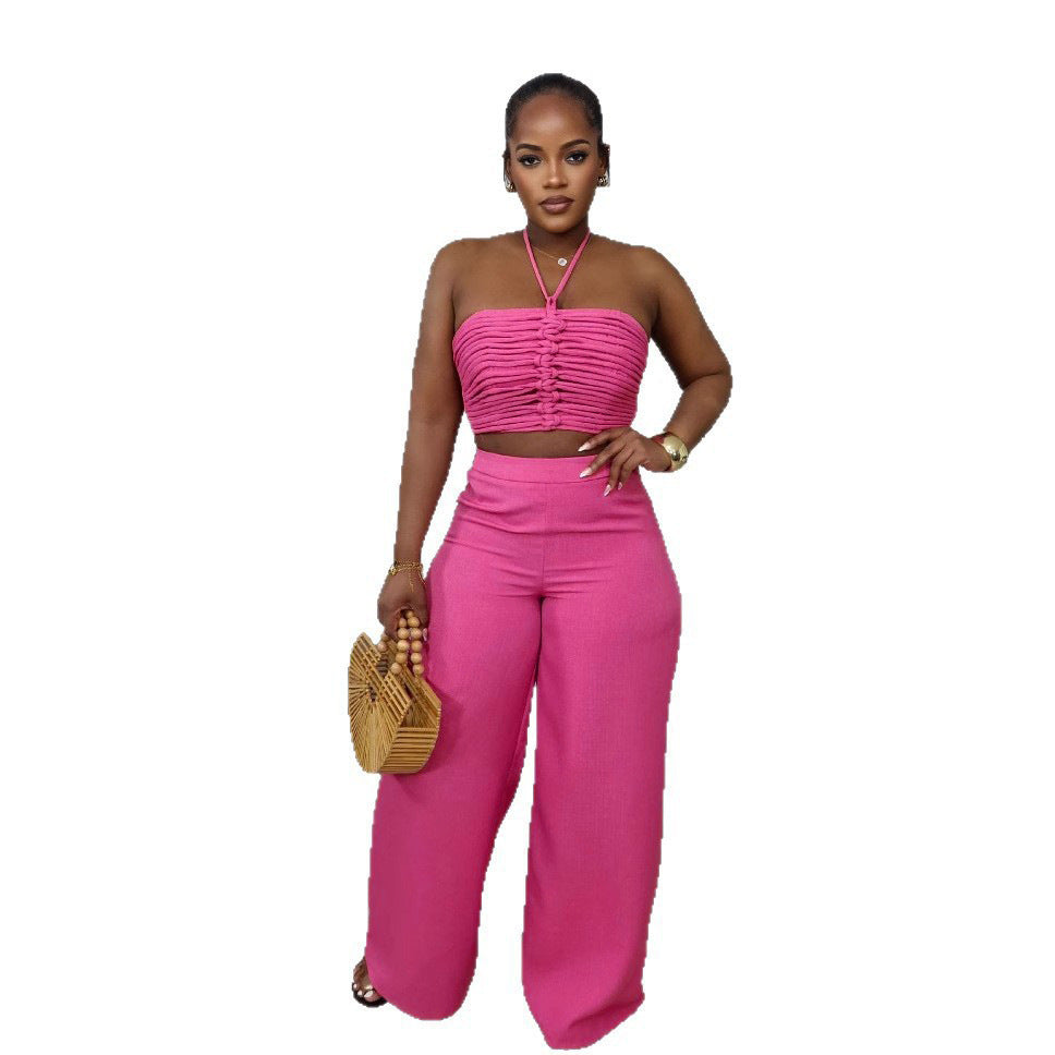 Drawstring Tie-up Top High Waist Side Zipper Loose Long Pants Two-piece Set