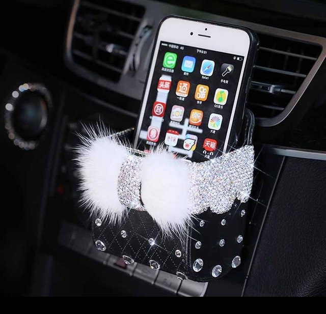 Leather Portable Car Storage Box Crystal Rhinestones Auto Outlet Air Vent Cosmetics Case Universal Mobile Phone Bag Pouch Bucket