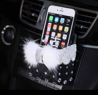 Leather Portable Car Storage Box Crystal Rhinestones Auto Outlet Air Vent Cosmetics Case Universal Mobile Phone Bag Pouch Bucket