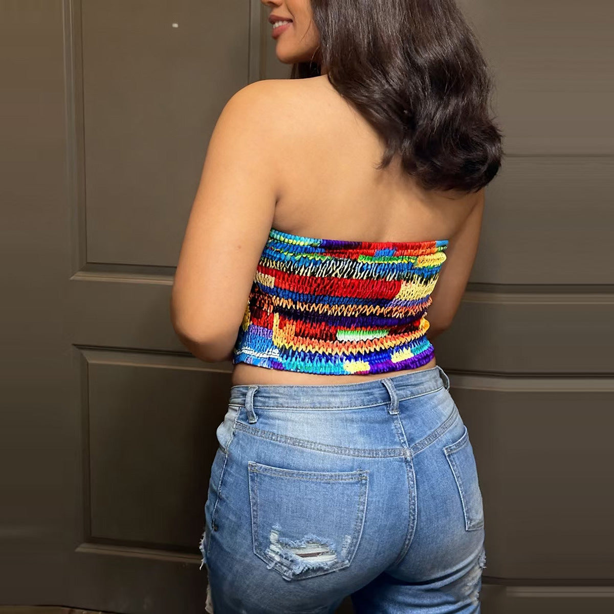 Sexy navel exposed backless printed elastic strapless top for women