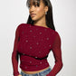 Long sleeved double-layer mesh rhinestone hot pressed women's top