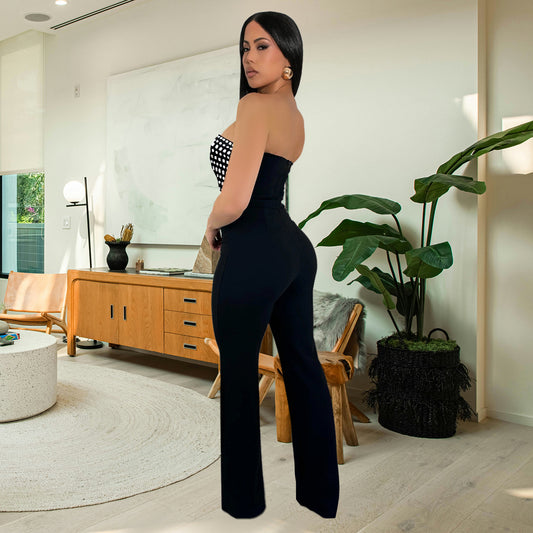 Style Summer Rhinestone Bodysuit, Sexy Strapless, Unique Straight Fit Solid Color Long Pants for Women