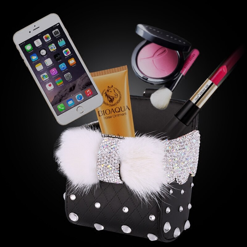 Leather Portable Car Storage Box Crystal Rhinestones Auto Outlet Air Vent Cosmetics Case Universal Mobile Phone Bag Pouch Bucket