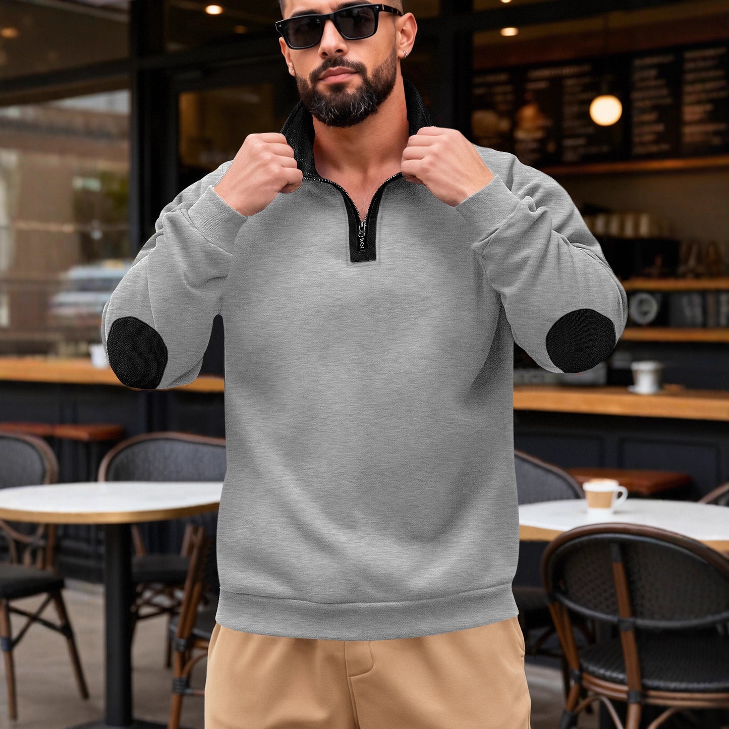 Loose stand up collar pullover half zip long sleeved sweatshirt