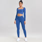 Sports Running Seamless Ribbed Long Sleeve Yoga Fitness Set, Bodycon High-Waisted Backless T-Shirt, Quick-Dry Workout Apparel