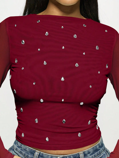 Long sleeved double-layer mesh rhinestone hot pressed women's top