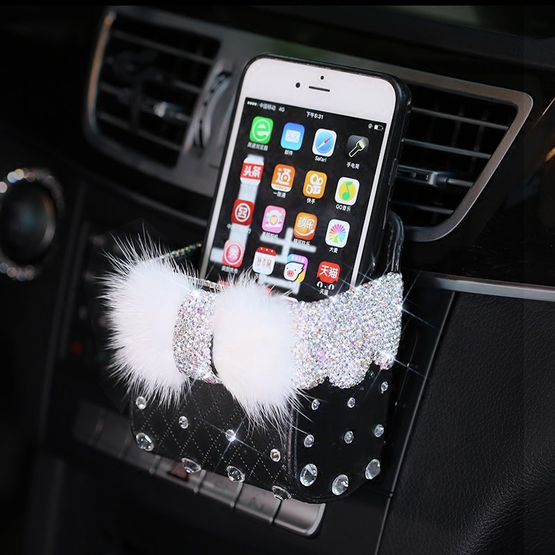 Leather Portable Car Storage Box Crystal Rhinestones Auto Outlet Air Vent Cosmetics Case Universal Mobile Phone Bag Pouch Bucket