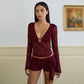 Sexy lace V-neck long sleeved hollow out spicy girl versatile t-shirt
