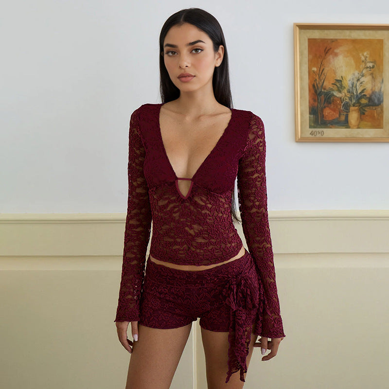 Sexy lace V-neck long sleeved hollow out spicy girl versatile t-shirt