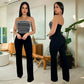 Style Summer Rhinestone Bodysuit, Sexy Strapless, Unique Straight Fit Solid Color Long Pants for Women