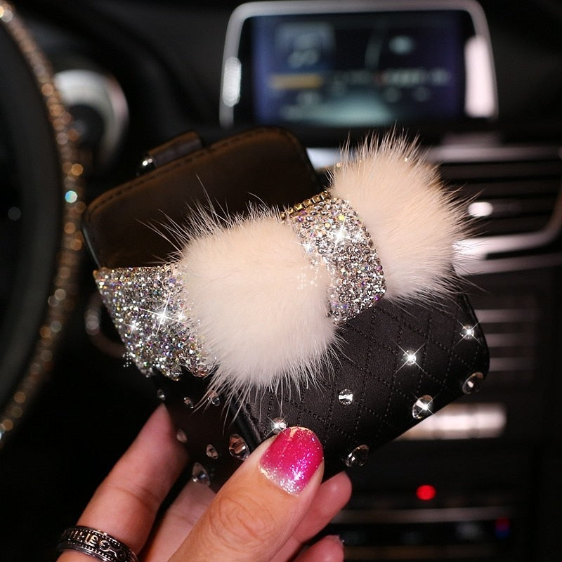 Leather Portable Car Storage Box Crystal Rhinestones Auto Outlet Air Vent Cosmetics Case Universal Mobile Phone Bag Pouch Bucket