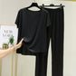 Summer Korean Style Lightweight Soft Two-Piece Set for Women, Ice Silk Casual Short Sleeve T-Shirt and Cool Long Pants