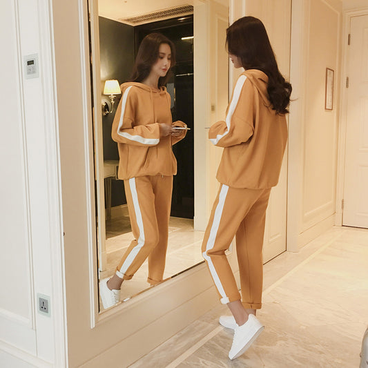 Fashion Casual Sporty Outfit Women's Korean Style Loose Hooded Sweatshirt College Wind Two-Piece Set