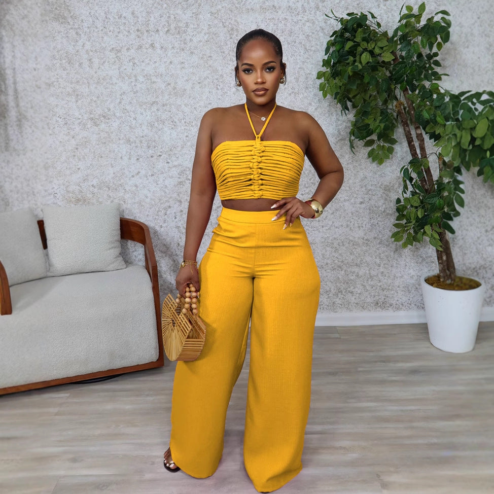 Drawstring Tie-up Top High Waist Side Zipper Loose Long Pants Two-piece Set