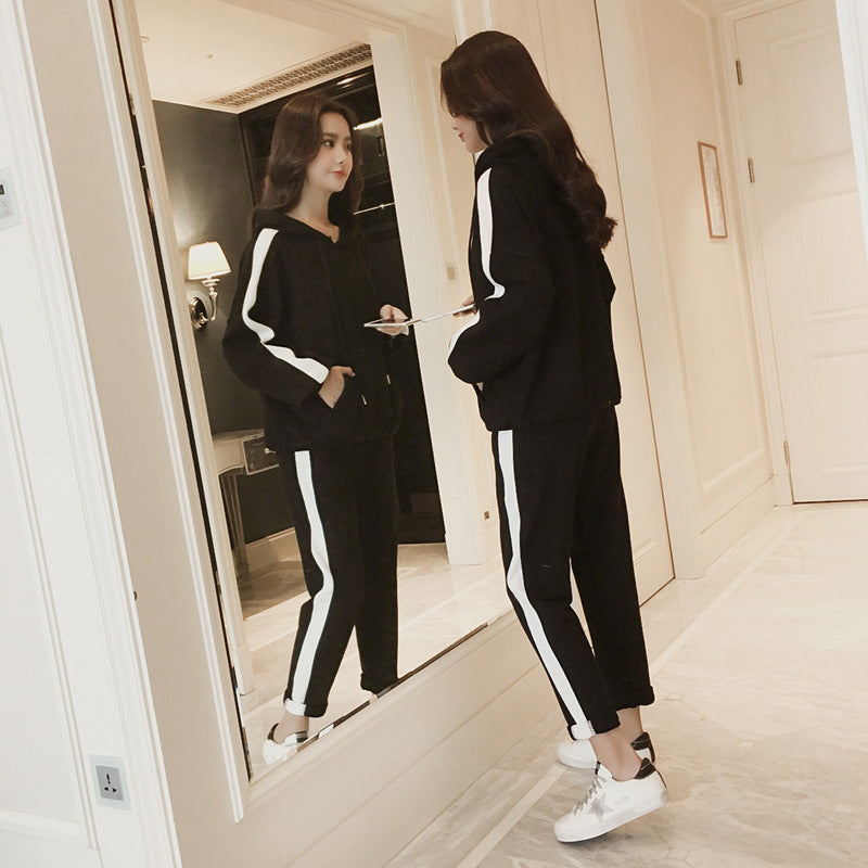 Fashion Casual Sporty Outfit Women's Korean Style Loose Hooded Sweatshirt College Wind Two-Piece Set