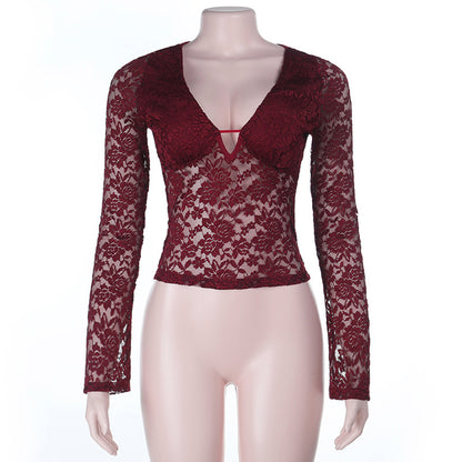 Sexy lace V-neck long sleeved hollow out spicy girl versatile t-shirt