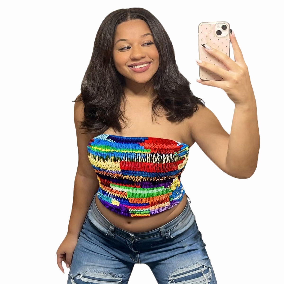 Sexy navel exposed backless printed elastic strapless top for women